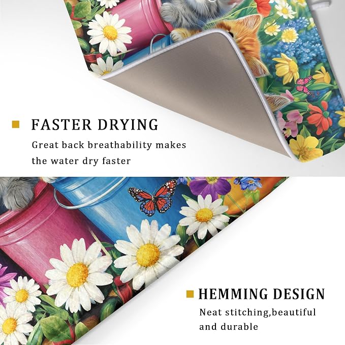 Lovely Cat Drying Mat for Kitchen Counter Colorful Flower Absorbent Coffee Bar - Image 3