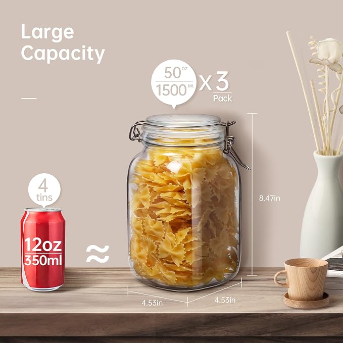 Square Glass Jars with Airtight Lid Set of 3, 50 floz Wide Mouth Mason Jars - Image 2