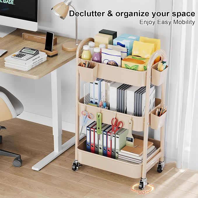 Beige 3 Tier Rolling Cart Metal on Wheels, Three Tiered Storage Organizer - Image 7