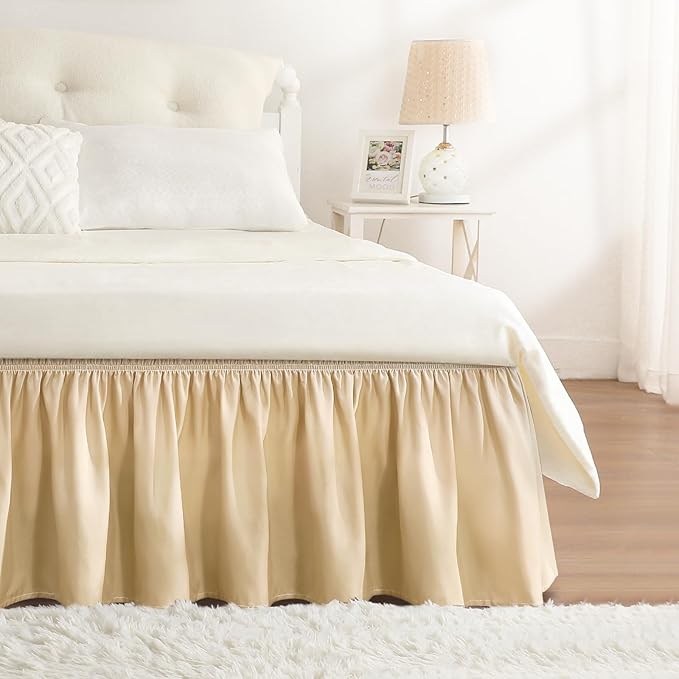 RIMELA Beige Bed Skirt King Size 18 Inch Drop, Wrap Around Elastic Bedskirt, Dust Ruffle for Adjustable Bed Base Machine Washable Easy to Install Bed Skirts