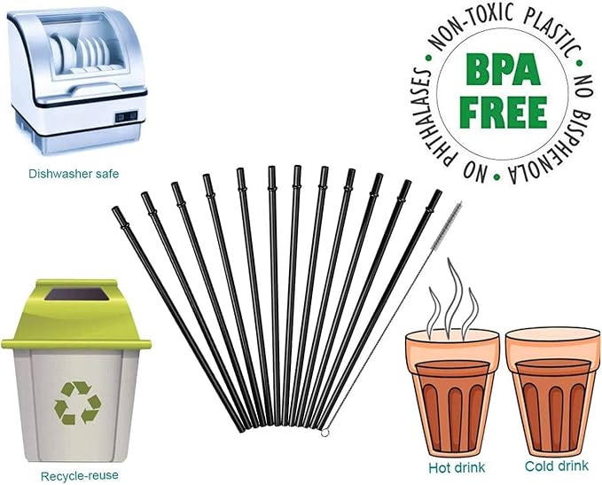 DAKOUFISH 13 Inch Long Black Reusable Plastic Replacement Drinking Straws - Image 8