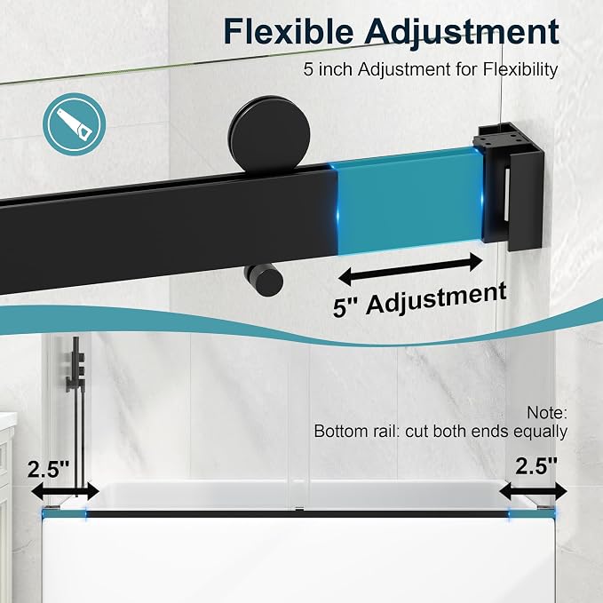 KPUY Frameless Tub Shower Door, 55-60" W x 60" H Double Sliding Bathtub Door - Image 6