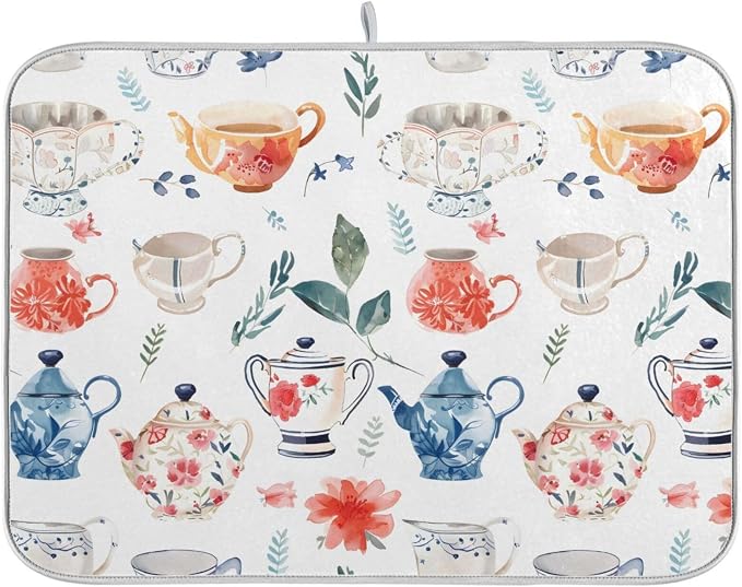 Watercolor Tea Cups Teapots Dish Drying Mat by BOENLE-WELCOMEYOURCOMING