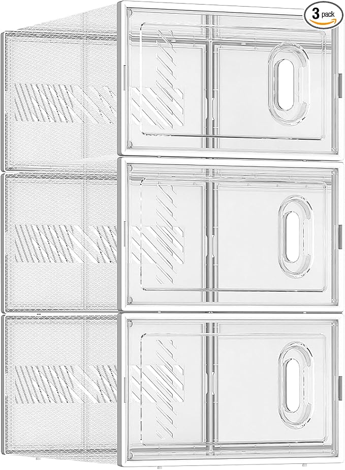 BALEINE 3 Pack Stackable Shoe Storage Boxes Fit Size 11, Thickened Clear Shoe by BALEINE