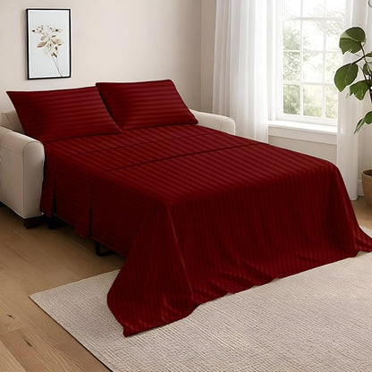 NON Sticky cotton Queen Size Sleeper Sofa Sheets, 4 Piece Egyptian Cotton Bed Sheet Set for Sofa Bed, 8" Deep Pocket for Pull Out Couch Mattress, 60" x 75", Burgundy Stripe, Soft & Breathable