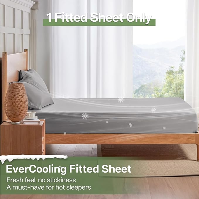 MR&HM Twin XL Fitted Sheet Only, Ultra-Soft Rayon Derived from Bamboo & Polyester Blend, Silky & Breathable, 15" Deep Pocket with Elastic Straps, Cooling Fitted Sheet for Hot Sleepers, Silver Grey