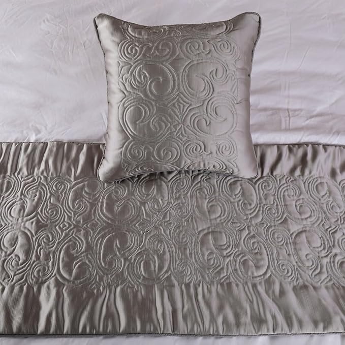 The HomeCentric Decorative Silver Full 68 x 18 inch Bed Runner with 2 Matching Pillow Cover, Satin Quilted Bed Scarf, Abstract Modern - Silver Soft