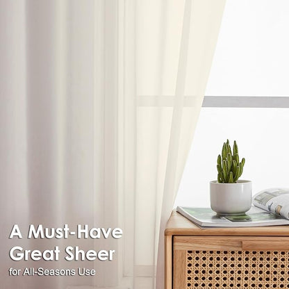 OVZME Cream Sheer Curtains 108 Inches Long 2 Panels - Soft Light Filtering Window Sheer Panels for Living Room/Bedroom, Top Dual Rod Pocket, 1 Pair, Each 42Wx108L Inches