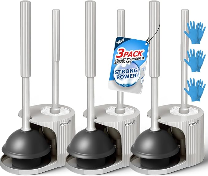 3Pack 2 in 1 Toilet Brush and Plunger Set, Extended Handle Plunger, Toilet Bowl by FORASTO