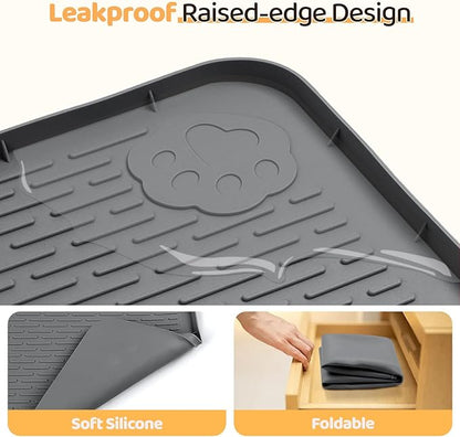 Dog Food Mat, Extra Large 40" x 28" Silicone Pet Feeding Mat with Raised Edge Pet Placemat for Small, Medium, and Large Pets Non-Slip, Easy to Clean (Dark Grey)