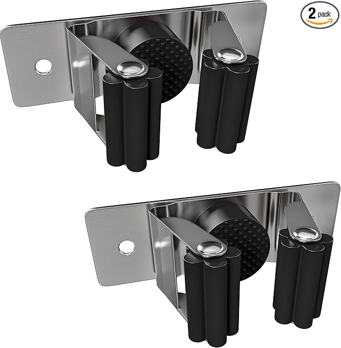 Self Adhesive Broom and Mop Holder Wall Mounted – SUS304 Stainless Steel 2-Slot by SAYONEYES