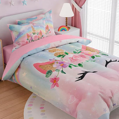 SANDJEST Unicorns Bedding Set for Girls Kids Teen Tween, Ultra Soft Microfiber Comforter Set Full Size with 4-Pieces, Comforters Bed Sets Bedroom Decor