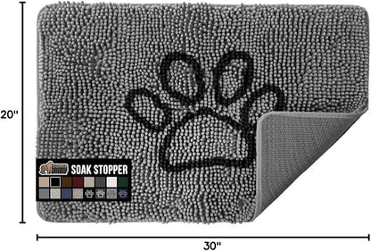 GORILLA GRIP SOAKSTOPPER Dog Door Mat, 30x20 Machine Washable Rug Absorbent Doormat Captures Moisture Mud Dirt, Quick Dry Soft Chenille Entryway Rugs Indoor Entrance Mats for Dog Paws, Paw Gray