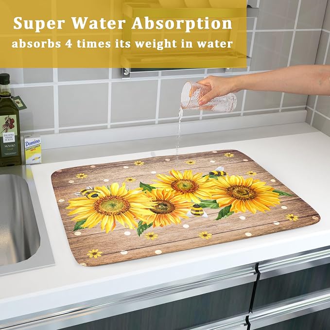 Sunflower Bee Dish Drying Mat for Kitchen Counter Home 18x24 Inch Wood Barn - Image 7