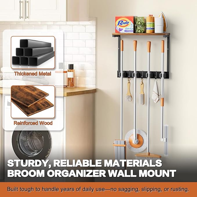 Broom Holder Wall Mount with Cleaning Supplies Organizer, Laundry Room - Image 7