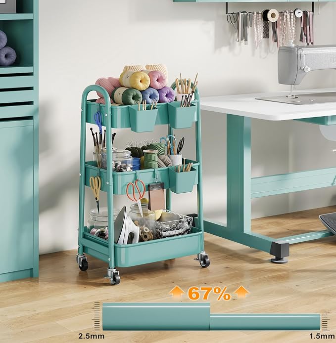 Green 3 Tier Rolling Cart Metal - Image 7
