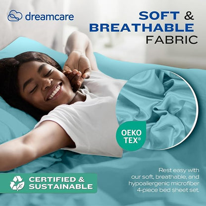 DREAMCARE Full Size Sheets Set - 4 Pcs Cooling Bed Sheets with Up to 15" Deep Pockets - Soft, Long-Lasting 100% Brushed Polyester with Side Pocket (Spa Blue)