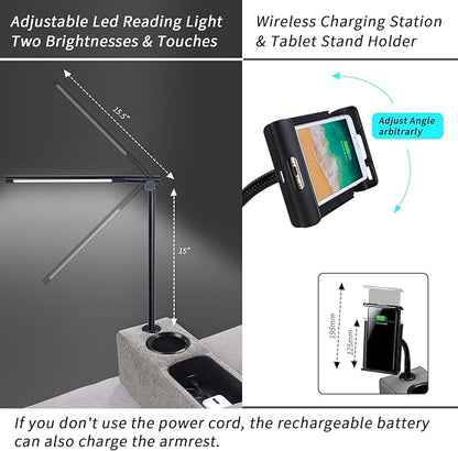 Multifunctional Sofa Armrest, Couch Armrest with Wireless Charge Stand, Removable Couch Caddy with Storage,Including LED Reading Light,Pewter