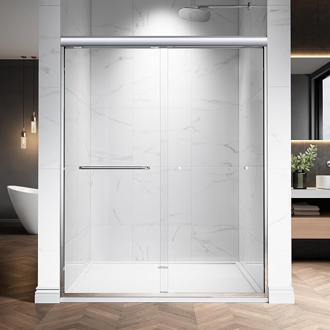 56-60" W x 76" H Semi-Frameless Double Sliding Glass Shower Door, 1/4" Clear by Unknown