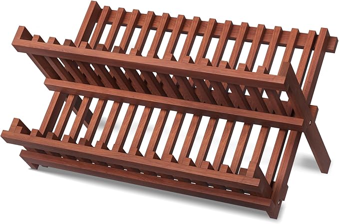 Teak Dish Drying Rack, Folding Collapsible Drainer Plate Organizer Holder by VERTORGAN
