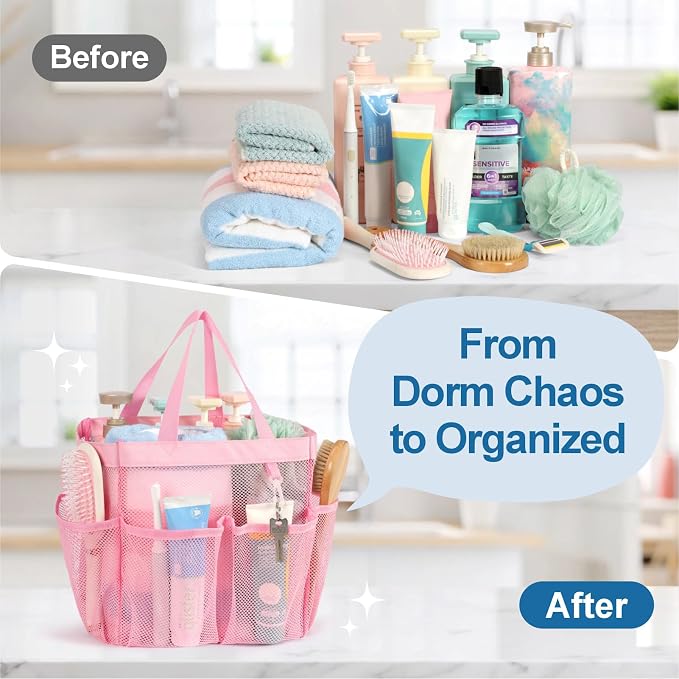 F-color Mesh Shower Caddy Portable, Upgrade Deeper 7 Pockets Shower Bag Basket - Image 2