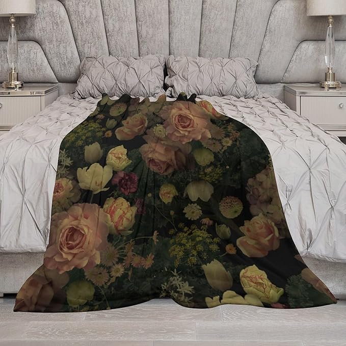 Black Floral Blanket, Rustic Watercolor Botanical Rose Peony Vintage Leaves Plant Boho Gothic Print Throw Blankets for Bed Living Room Bedding Couch Soft Decor, 30"x40"