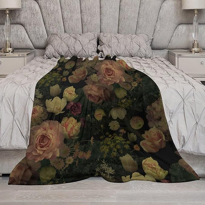 Black Floral Blanket, Rustic Watercolor Botanical Rose Peony Vintage Leaves Plant Boho Gothic Print Throw Blankets for Bed Living Room Bedding Couch Soft Decor, 30"x40"