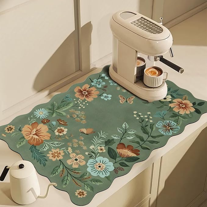 Scalloped Bohemian Boho Floral Flower Coffee Bar Mat Dish Drying Mats by CQKEDMA