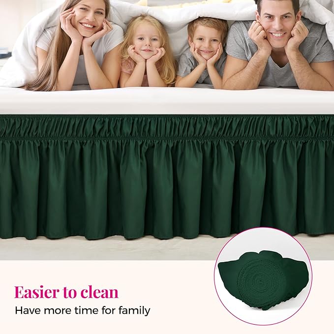 RIMELA Dark Green Bed Skirt Queen Size 15 Inch Drop, Elastic Bed Skirting for Bed Base and Frame, Bedding Dust Ruffle Easy to Install,Wrap Around Adjustable Bedskirt,Christmas Bedroom Decor