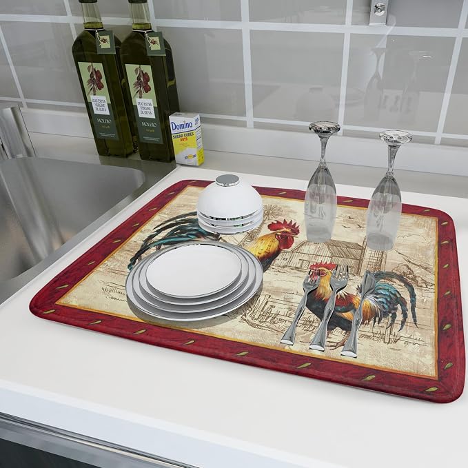 Farm Rooster Dish Drying Mat for Countertop 18x24 Inches Red Rustic Chicken - Image 6