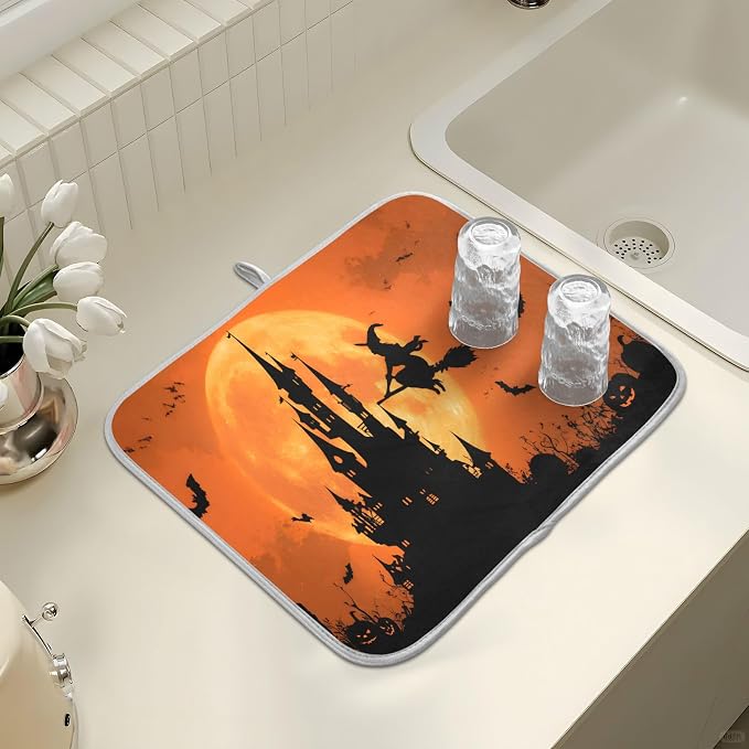 Halloween Witch Bat Castle Pumpkin Dish Drying Mat - Image 7
