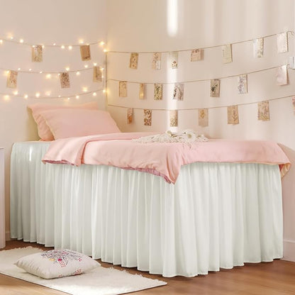 RIMELA Dorm Bed Skirt Twin XL 32 Inch Drop, Easy to Install Extra Long Wrap Around Elastic Dust Ruffle, Warm White Bedskirt Solid Silky Fabric Machine Washable (Twin XL 80“L x 39”W & Twin 75“L x 39”W)