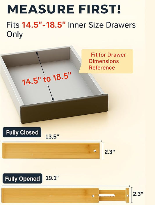 4 Pcs Bamboo Kitchen Drawer Dividers Large 14"-19", Spring Loaded, Works in - Image 2