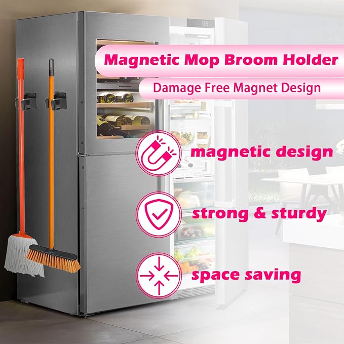 4 Pack Magnetic Mop Broom Holder, Heavy Duty Magnetic Mop Hanger - Image 5