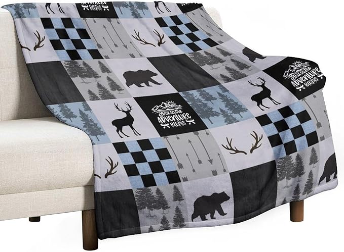 Bear Cabin Plaid Blanket, Rustic Retro Bear Deer Patchwork Gray Blue Farmhouse Throw Blanket for Couch Bed Living Room, 50"x60"