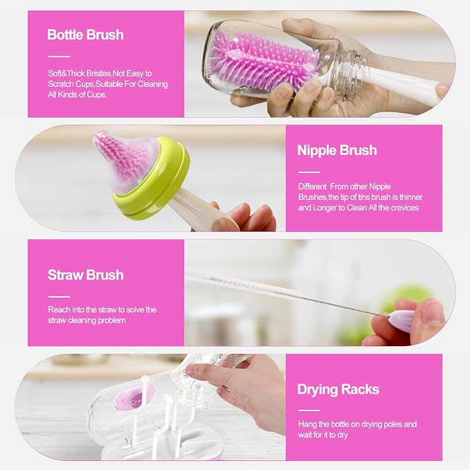 Bottle Brush Set with Drying Rack, Travel Bottle Cleaner Kit with Baby Bottle - Image 3