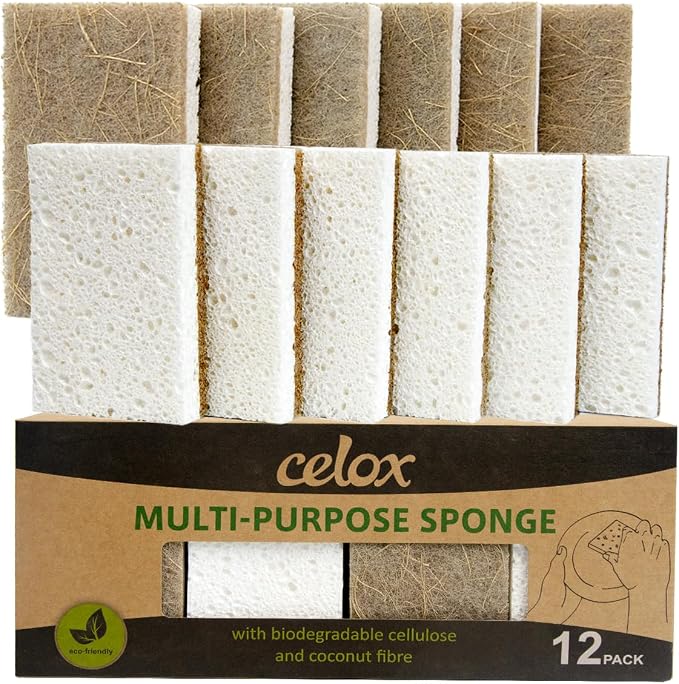 CELOX 12 Pack Coconut Fiber Biodegradable Sponges, Non Scratch Kitchen Cleaning by CELOX