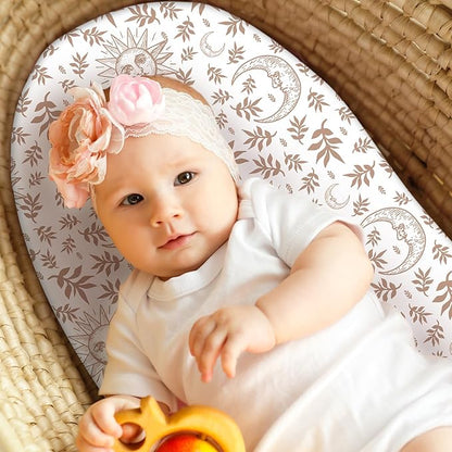 Baby Bassinet Sheets Girl Boy, Fitted Bassinet Sheet Set 3 Pack Bassinet Mattress Sheets Universal Fit for Rectangle, Round, Oval, Hourglass Mattress, Soft Breathable White Brown Sun God