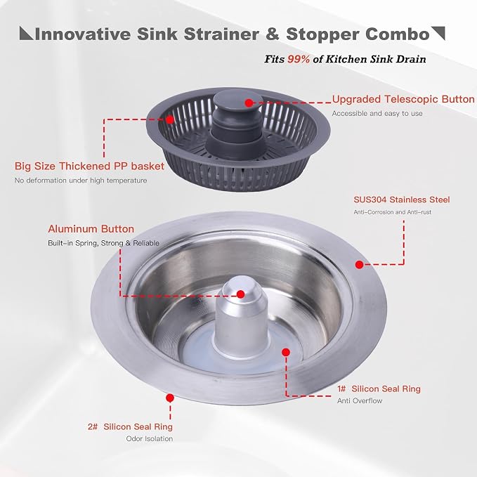 Kitchen Sink Drain Strainer 3 in 1, 304 Stainless Steel Pop Up Sink Stopper - Image 8