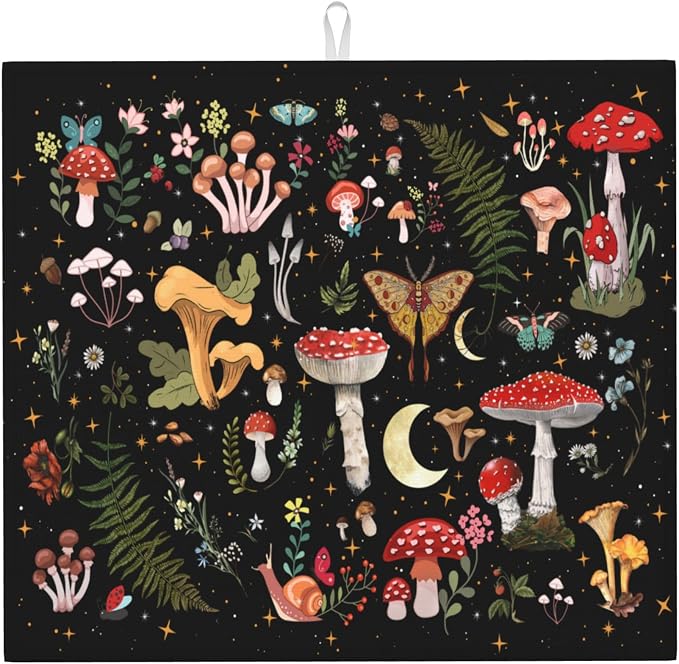 Mushroom Dish Drying Mat for Kitchen Counter Moth Gothic Witchy Dish Drainer by Unknown
