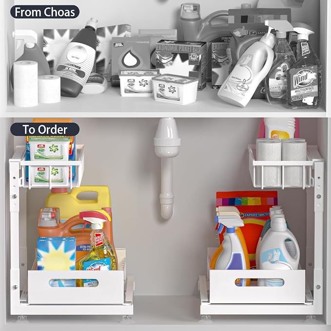 L-Shaped Under Sink Organizer, 2 Pack 2-Tier Pull Out Metal Kitchen Cabinet - Image 2