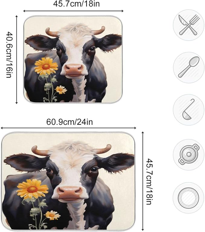 Dish Drying Mat Kitchen Counter Absorbent Flower Cow Coffee Sink Mat Dish - Image 3