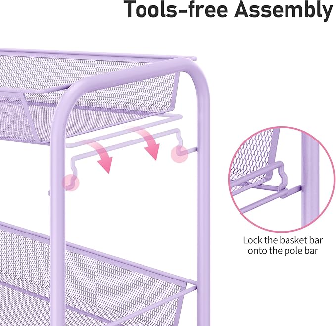 TOOLF 3-Tier Metal Rolling Cart, Mesh Wire Easy Assemble Utility Cart, Storage - Image 4