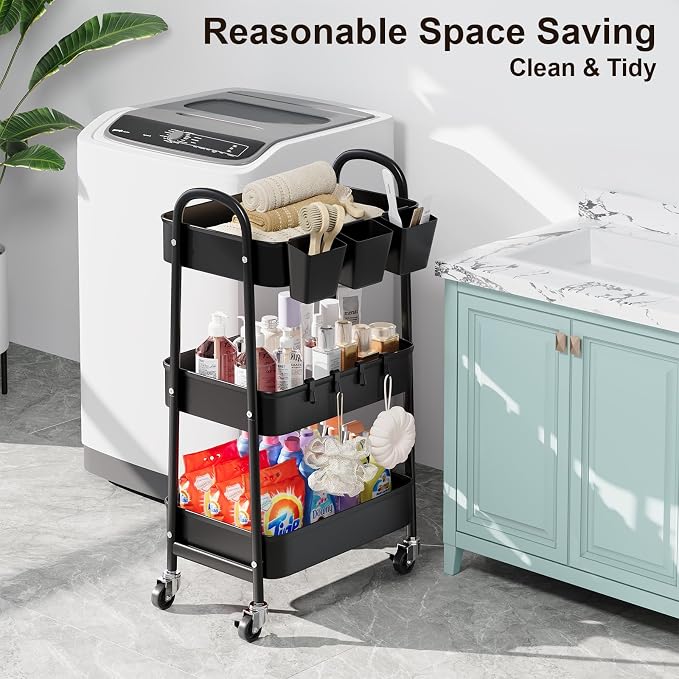 3 Tier Metal Rolling Cart with Lockable Wheels, Diaper Caddy - Image 3