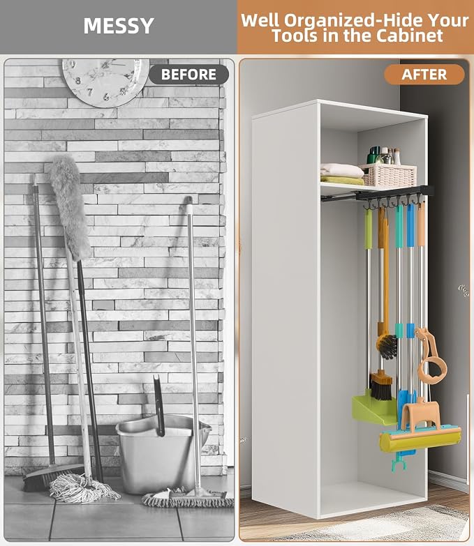 Pull Out Broom Holder With Adjustable Double Row Sliding Hook, - Image 2