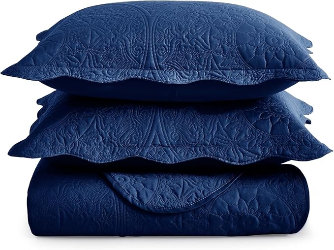 IR Imperial Rooms Twin Quilt Bedding Set Size (68” x 86”) + 1 Pillow Shams (20” x 26” + 2”) - 2 Pcs All Season Lightweight Reversible Microfiber Coverlet Floral Embossed Quilt Bedspread (Blue)