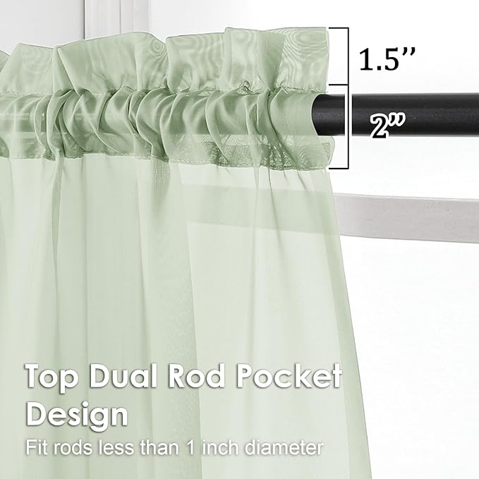 OVZME Light Green Sheer Curtains 54 Inches Long 2 Panels - Soft Light Filtering Window Sheer Panels for Living Room/Bedroom, Top Dual Rod Pocket, 1 Pair, Each 42Wx54L Inches