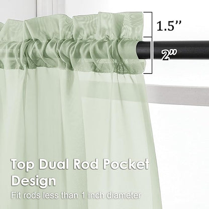 OVZME Light Green Sheer Curtains 54 Inches Long 2 Panels - Soft Light Filtering Window Sheer Panels for Living Room/Bedroom, Top Dual Rod Pocket, 1 Pair, Each 42Wx54L Inches