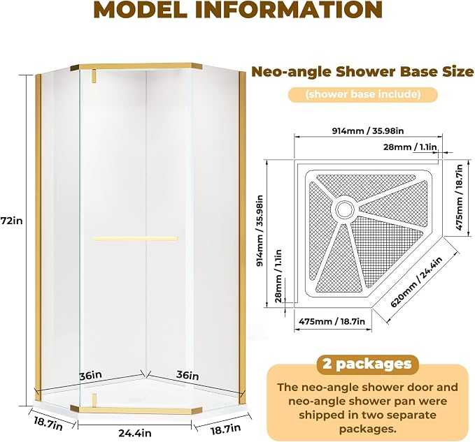 36" D x 36" W x 72" H Neo-Angle Shower Door - Image 9