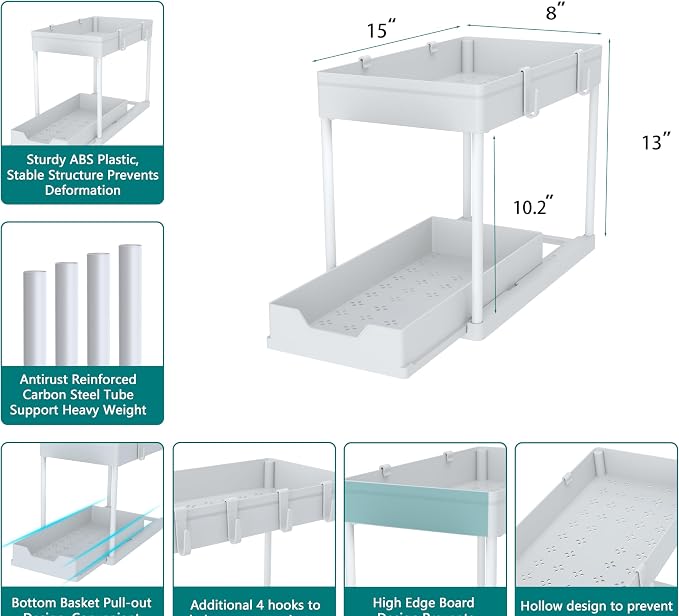 DEKAVA Cabinet, 2 Pack Under Sink Organizer, 2 Tier Sliding Bathroom Kitchen - Image 6